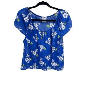Vintage Y2K Hollister Blue Sheer Floral Peasant Top Cottagecore Fairy Blouse Y2K